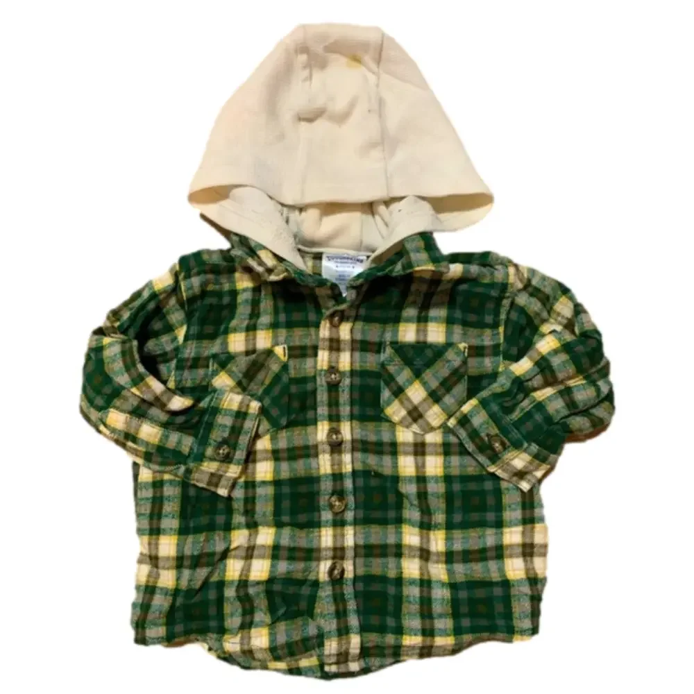 Toughskins Cream Green Gold Plaid Long Sleeve Hooded Button Up Shirt Size 18M